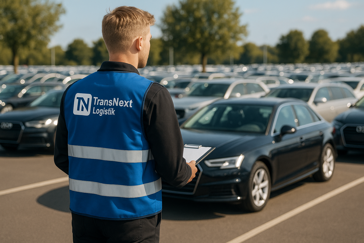 TransNext Logistik Mitarbeiter vor Fahrzeugflotte - Professionelle Fahrzeugüberführung aus Bochum